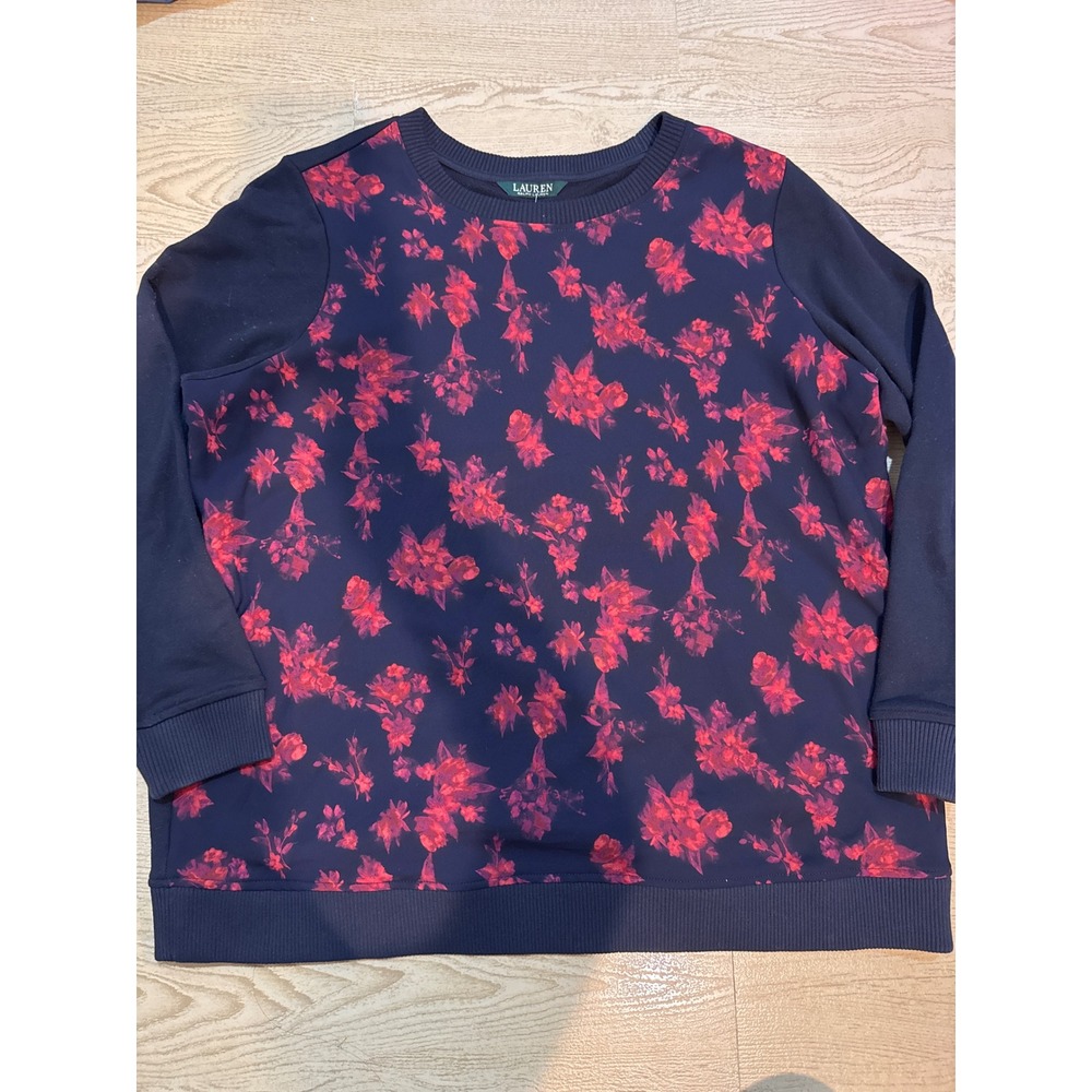 Lauren Ralph Lauren Navy Blue Floral Crewneck Sweatshirt Womens XL Red Pink